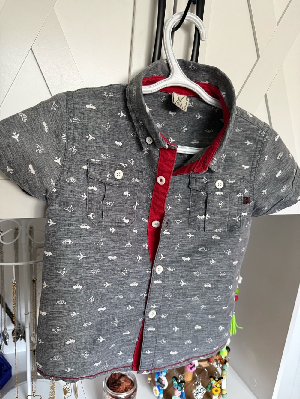 Toddler Gray Short-Sleeve Button-Down Shirt with Red Trim